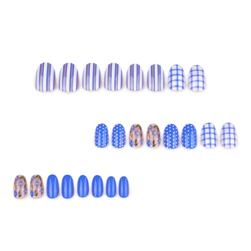Blue Press On Nails Short Almond Fake Nails with Flower Designs - Colorful Variation 9