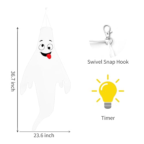Halloween Ghost Decorations Outdoor Set - 4 Cute Hanging Ghosts with Timer & Waterproof LED Lights - Black+Pink