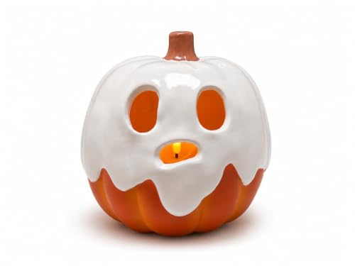 Medium Ghost Pumpkin Halloween Decor with Flameless Candle - Indoor Outdoor Centerpiece