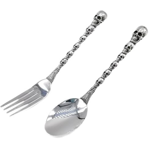 Skull Motif Serving Set - Stainless Steel Fork and Spoon for Halloween & Gothic Decor