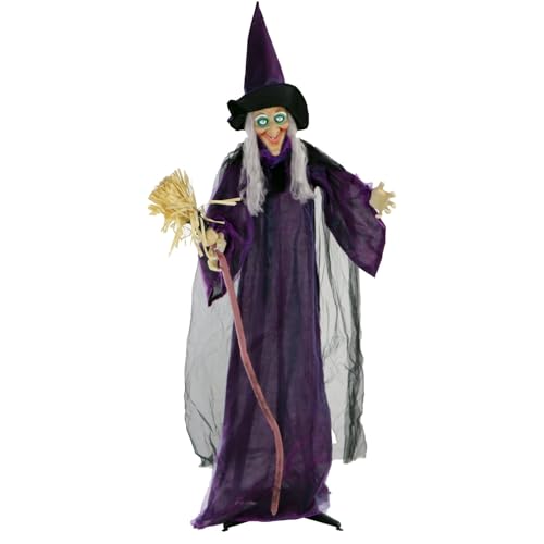 72-Inch Life-Size Talking Witch with Broomstick Halloween Animatronic - Touch Activated Lights and Sound