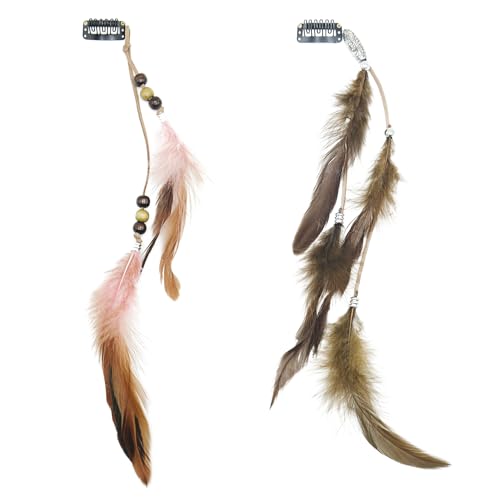 Feather Hair Clips Set - Boho 13 Inch Handmade Tribal Feather Accessories Pink + Coffee