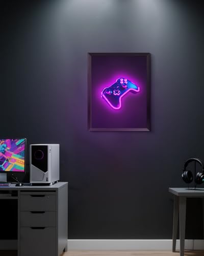 Neon Game Controller Wall Art with LED Glow - Purple/Blue Cyberpunk Decor for Gaming Rooms & Bedrooms - 20L x 16W - Black Frame Variation