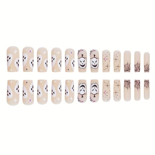 Halloween Press On Nails Set - Medium Square Fake Nails with Pumpkin Spider Web Ghost Star Designs, Reusable Glossy Nude Acrylic Nails for Women, Variant 17