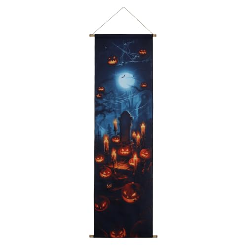 Halloween LED Canvas Backdrop - Graveyard Scene with Pumpkin & Pumpkin in Front of the Tombstone Variation