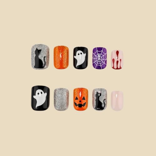 Halloween Fake Nail Set 24 Pieces Short Orange Square Press-On Nails Blood Goth - Variation of THIS listing