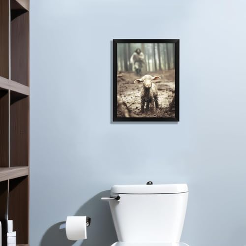 Christian Wall Art Jesus Chasing Lost Lamb Framed Canvas 16x20 Navy