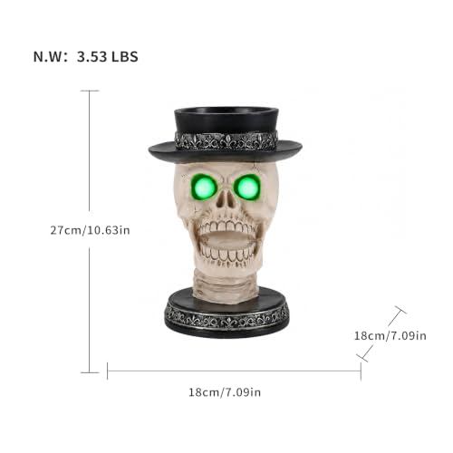 Halloween Skull Candy Bowl with Glowing Eyes & Black Hat - Spooky Gothic Decor