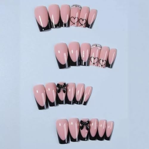 Medium Coffin Press-On Nails with Bow Charms - Black French Tip Fake Nails - Black Bow Variation - 24 Pcs
