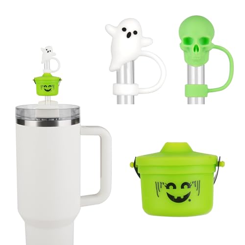Halloween Buckets Straw Covers for Stanley Cup - Ghost Skull Topper, Green Variation