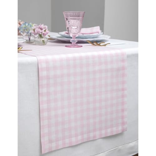 Marshmellow Pink Gingham Linen Table Runner 14 x 132 Inches - Pure European Flax