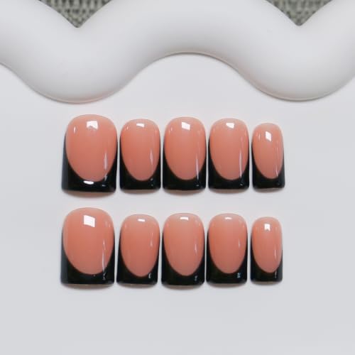 Black French Press-On Nails Square Short Nude Floral Design - M Variation