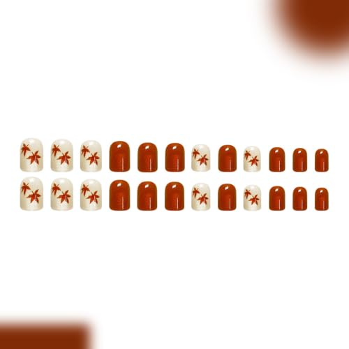 Halloween Thanksgiving Short Square Press-On Nails with Cat's Eye Maple Leaves - 24Pcs Design H01