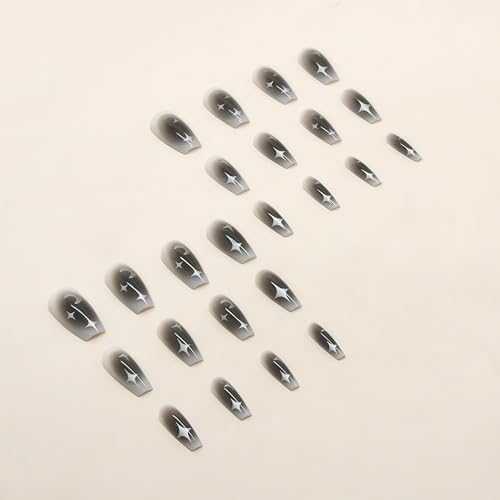 Star Press-On Nails Medium Coffin Shape Black Gradient Moon & Star Design - Reusable Silver Gray Fake Nails for Women & Girls - 24pcs