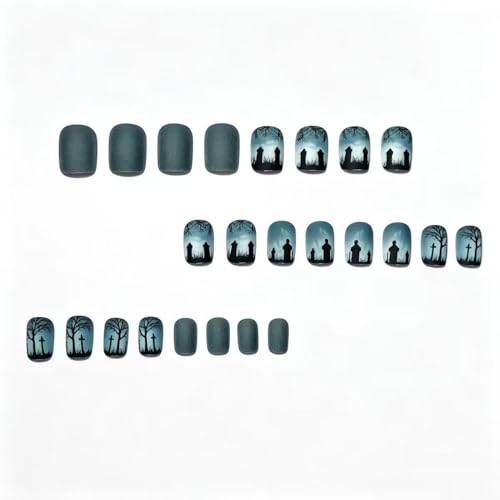 Halloween Press On Nails Graveyard Tombstone Short Square Spooky Cemetery Design - Variation 2793