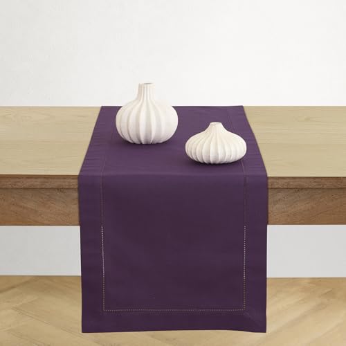 Cotton Linen Table Runner Purple Hemstitch 14x90 Inches - Handcrafted