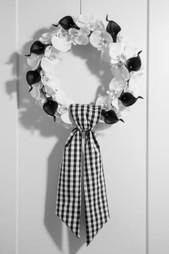 Black White Plaid Wreath Sash - Halloween Modern Wedding Party Bow Ribbon - Black White Variation