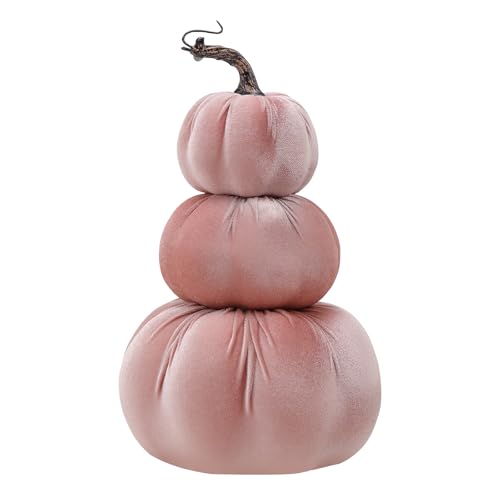 Pink Velvet Stacked Pumpkin Tower Fall Halloween Thanksgiving Home Decor - 12 Inch