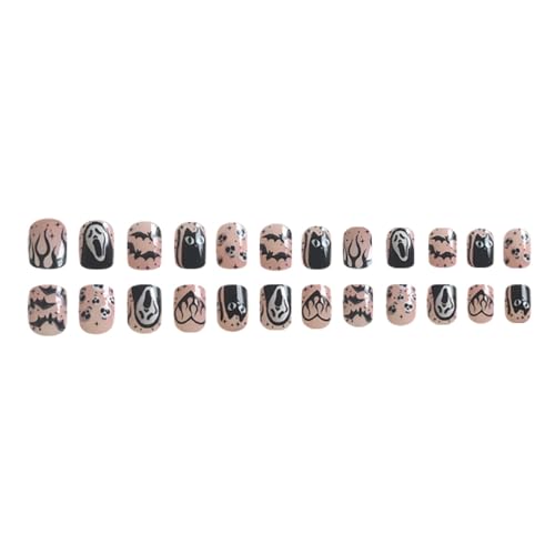 Halloween Short Square Press On Nails with Ghost & Skull Design - Style34, 24Pcs