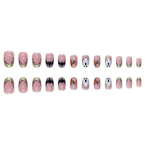 Halloween Press-On Nails Short Oval Gold Glitter Ghost Bat Pumpkin Design - Variation of THIS listing 14