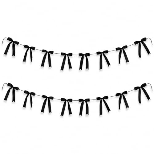 Black Satin Bow Garland Banner - 2 Strings with 16 Large Bows, Ready to Hang