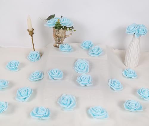 Artificial Light Blue Rose Flower Heads - 100pcs Foam Fake Roses for DIY Wedding & Party Decor