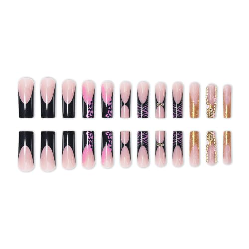 Multicolor Long Square Press-On Nails Black French Floral Fake Nails - 24pcs