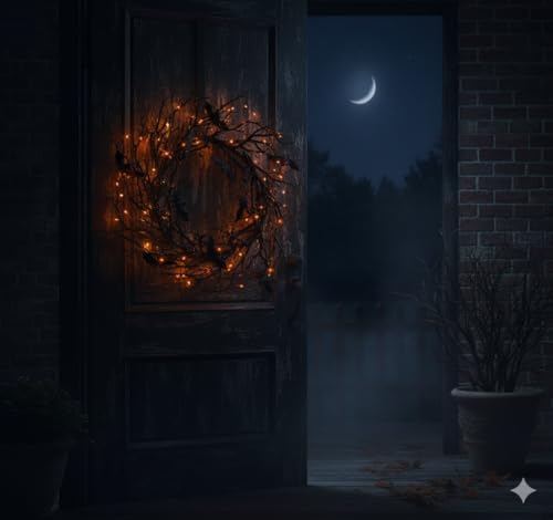 Black Bat Wreath with LED Lights - 26 Inch Halloween Door Decor