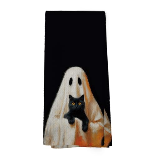 Halloween Ghost Black Cat Kitchen Dish Towels Autumn23 16x24 Inch Microfiber