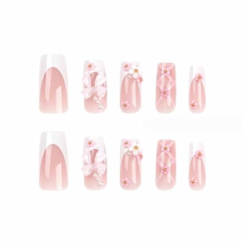 Long Nails 6 - Pink Rhinestone Square Fake Nails with Bling Glossy 3D Tips - 24pcs
