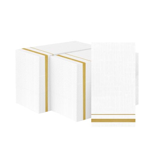 400 Pack Gold Trim Disposable Paper Dinner Napkins - Elegant White 3-Ply