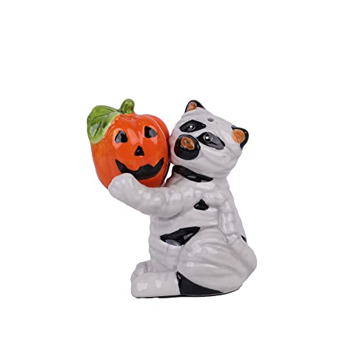 Salt and Pepper Shaker Set - Mummy Cat with Pumpkin Halloween Table Accessory