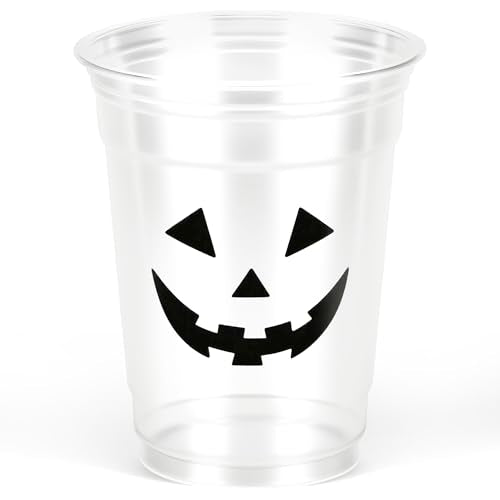 50 Pack Halloween Pumpkin Face Plastic Cups 12oz - Disposable Party Drinkware