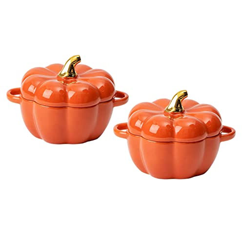 Orange Pumpkin Bowl Set with Lid & Handle, 14 Oz Ceramic Casserole Dish for Baking & Serving