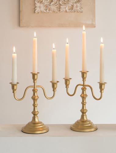 Gold 3-Arm Candle Holder Set - Brass Candelabra for Dining & Decor - 2 Pcs