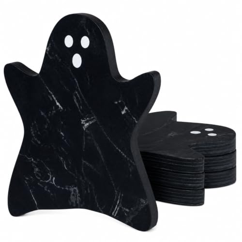 Halloween Ghost Marble Coasters - Black & White Set, 4 Pieces with Silicone Feet