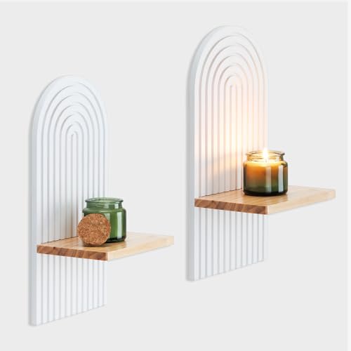 White Boho Wall Candle Sconces Set of 2 Rustic Wooden Candle Holders for Bedroom & Living Room