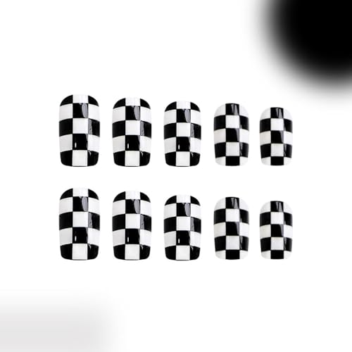 Press on Nails Short Square Black White Checkerboard Design - Style 11