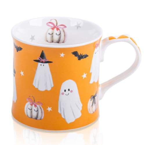 Halloween Ghost Coffee Mug - Modern Orange Ceramic Cup with Pumpkins Bats & Witch Hat - Spooky-Cute Gift