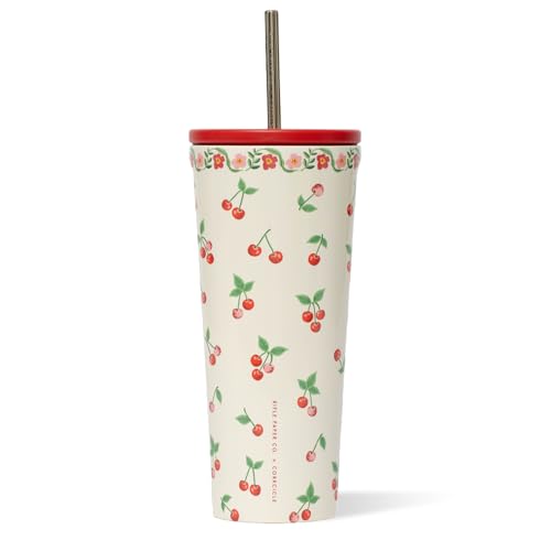 Corkcicle Cold Cup Tumbler with Straw 24oz Rifle Paper Co. Cherries Design