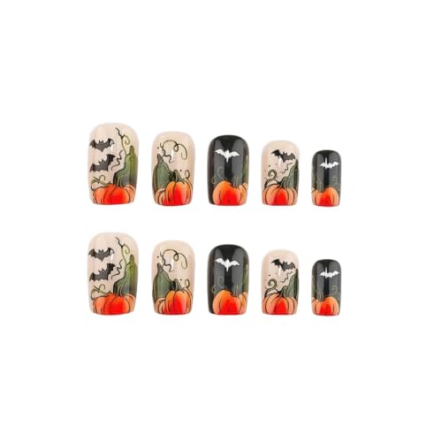 Halloween Press-On Nails Medium Square Pumpkin & Bat Design Black Nude Variation - 24 Pcs