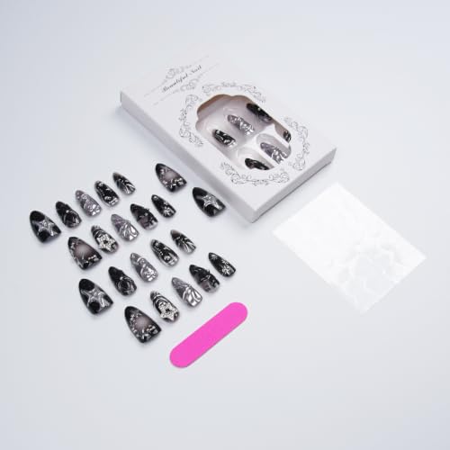 Black Y2K Almond Press On Nails - Style 26, Gothic Medium False Nails 30Pcs