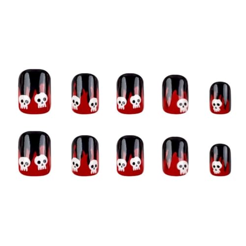Halloween Short Square Fake Nails with Skull Glow in the Dark Design - Variation Hall04 (24Pcs)