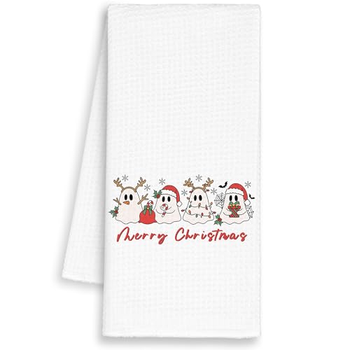 Christmas Ghosts Kitchen Towels - Funny Ghost Santa Light Dish Waffle Towel for Holiday Decor