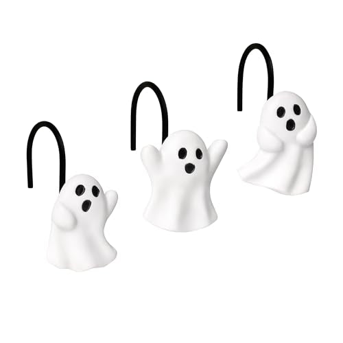 Ghost Shower Curtain Hooks - White Ghost with Black Hooks, Set of 12 Bathroom Decor