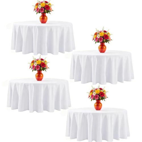 120 Inch Round White Tablecloth - 4 Pack, Premium Polyester, Stain-Resistant, Elegant for Events