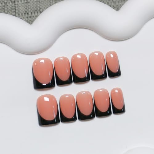 Black French Press-On Nails Square Short Nude Floral Design - M Variation