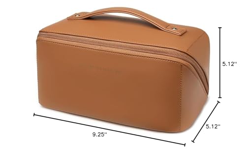 zaleeta Travel Makeup Bag, Large Capacity Cosmetic Organizer Bags for Women, Waterproof PU Leather Toiletry Bags, Wide Open Flat Makeup Case with Divider and Handle