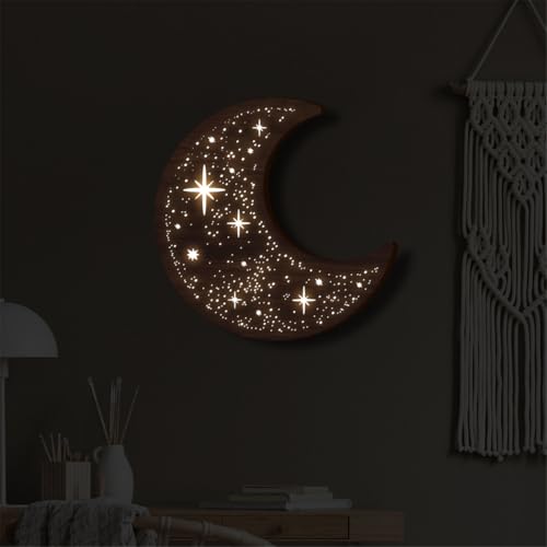 Wooden Moon Phase Wall Art Decor with LED Night Light - Variation A