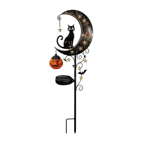 Solar Halloween Garden Stake Light with Black Cat and Pumpkin Lantern
